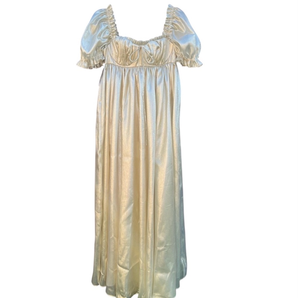 Selkie The Seashell Gown in Gold Medium Babydoll Puff Sleeve Regency Style - Picture 4 of 15